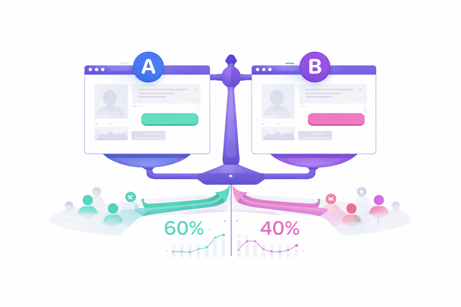A/B test variants showing two page versions with conversion metrics