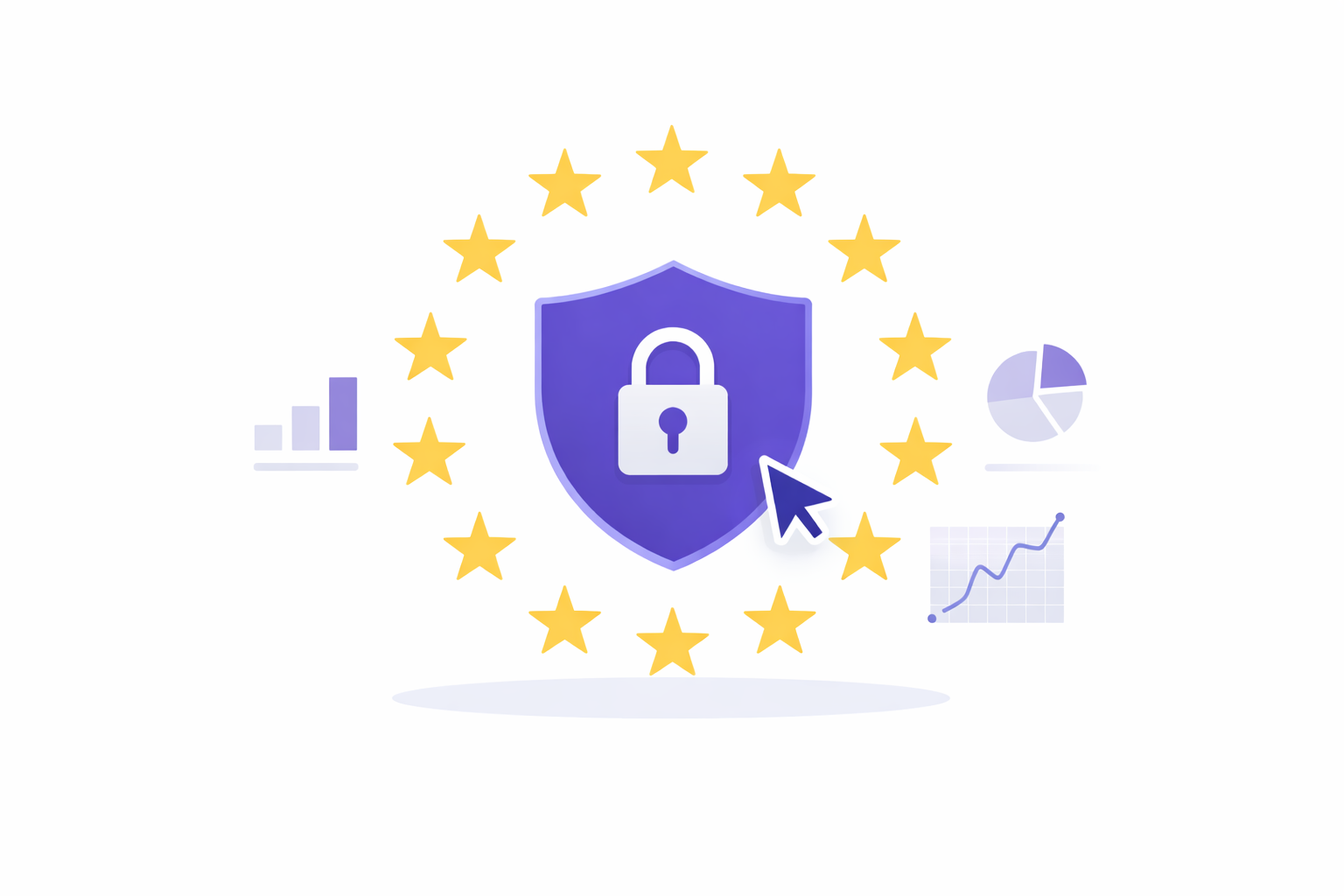 GDPR shield icon with analytics charts and EU flag elements