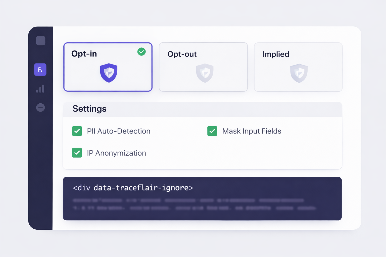Consent mode settings with opt-in, opt-out, implied modes, PII detection, and data-traceflair-ignore