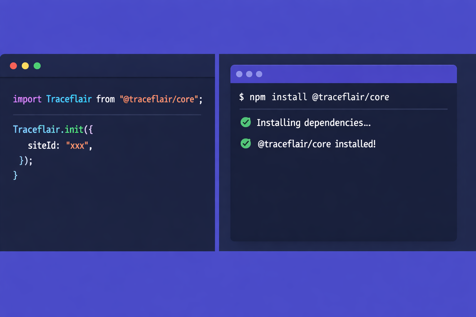 Traceflair SDK code editor and npm install terminal